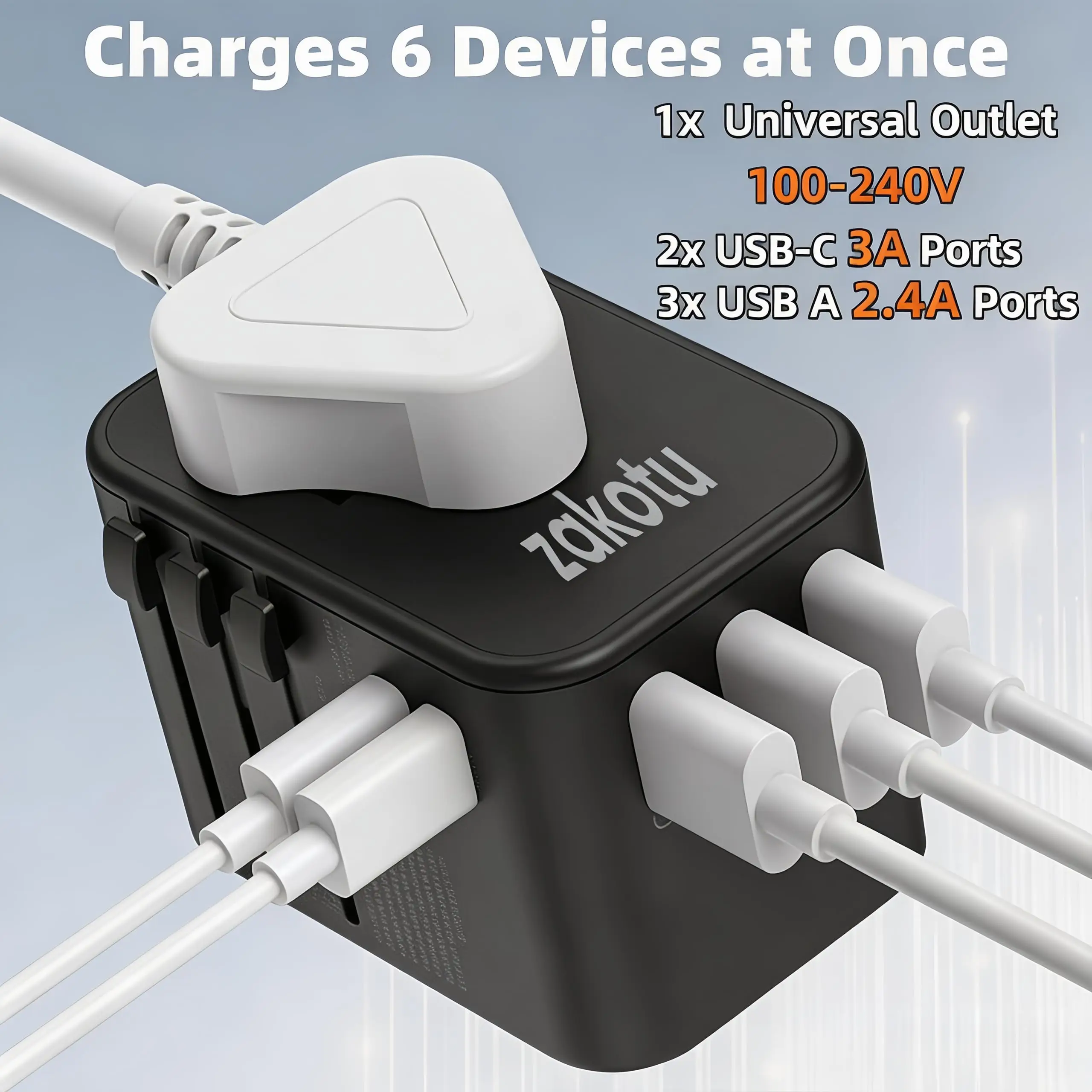Universal Travel Adapter 35W Fast Charge 6-in-1 1 AC + 5 USB Ports PD QC3.0 100-240V Worldwide Power Plug.