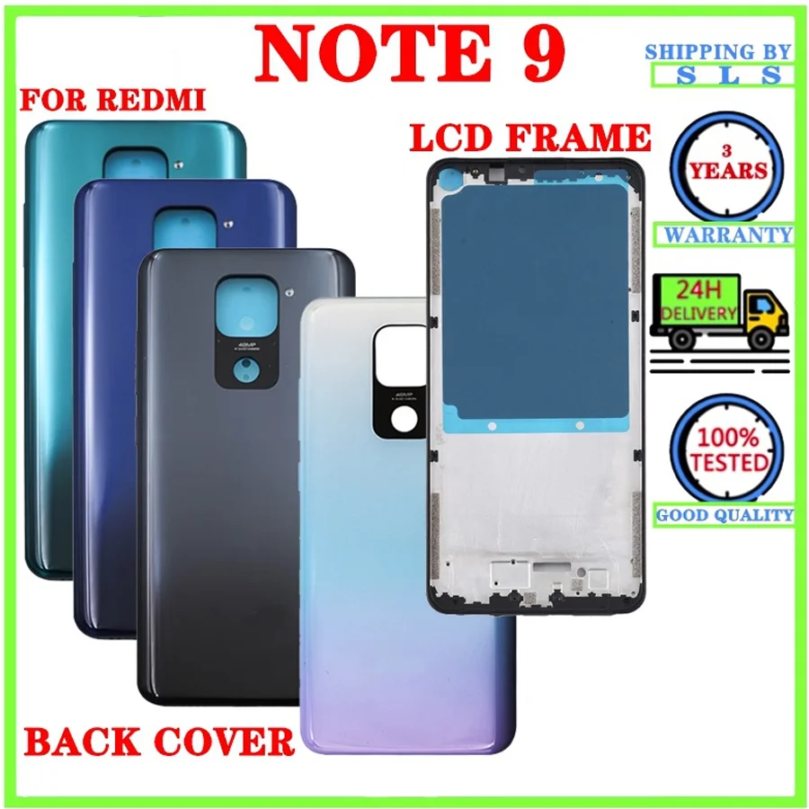 LCD Front Middle Frame Holder For Xiaomi Redmi Note 9 Battery Cover Back Glass Rear Door Housing Case Panel With Adhesive Sticke