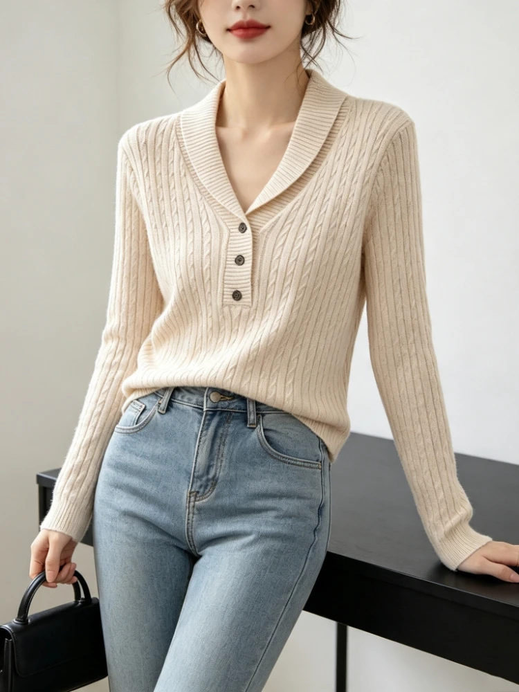 Stylish Quiet Luxury Small Collar Knit Women Pullover Autumn Winter Elegant Slim Fit Long Sleeve Sweater Versatile Layering Top