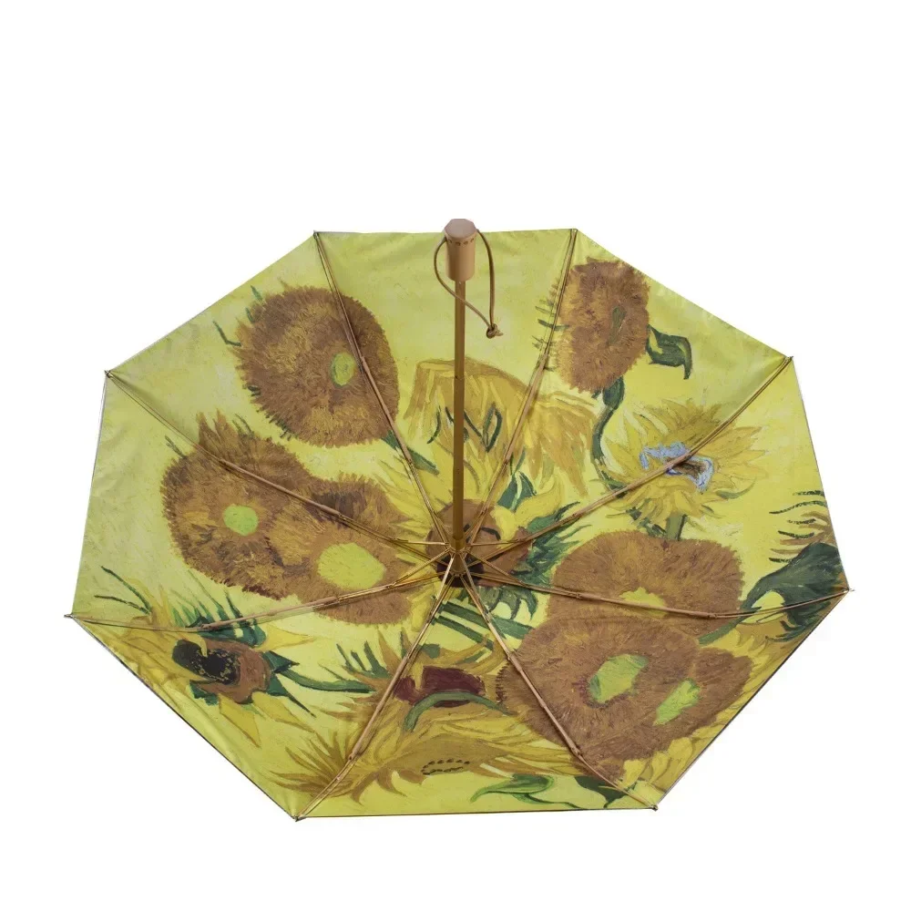 Van Gogh pintura a óleo guarda-chuva automático, pequeno vinil fresco, Windproof, resistente ao vento, sol dobrável