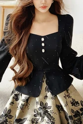 DABUWAWA Square Collar Diamonds Shirts & Blouses Lantern Sleeve Pullover Tops Woman Y2k Clothes DA1CSW002