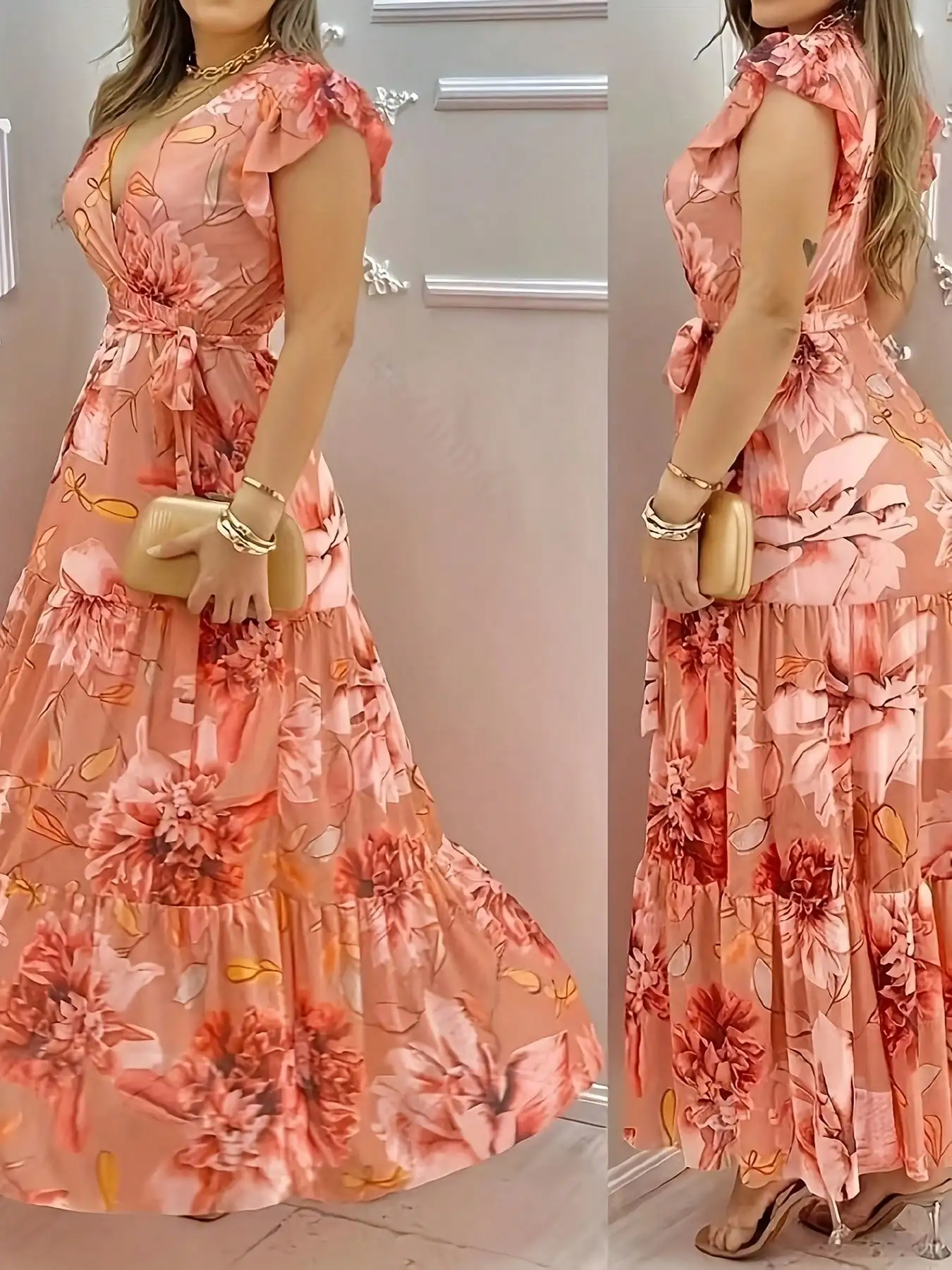 

Floral Print Ruffled Sleeve Belted Maxi Dress for Women Summer Elegant