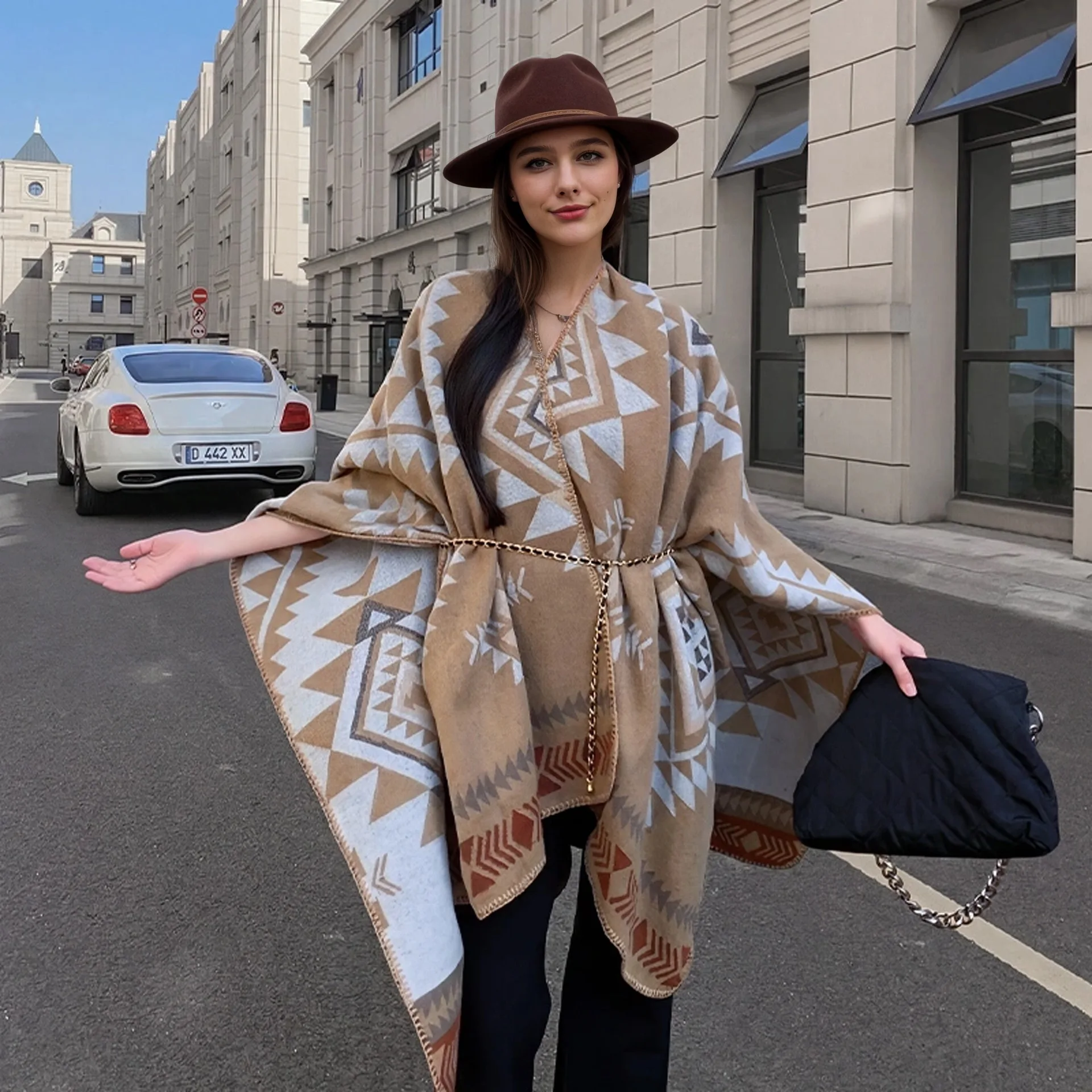 Autumn  winter Poncho new warm European and American shawl hot selling woven geometric slit cape Women Cloak P1