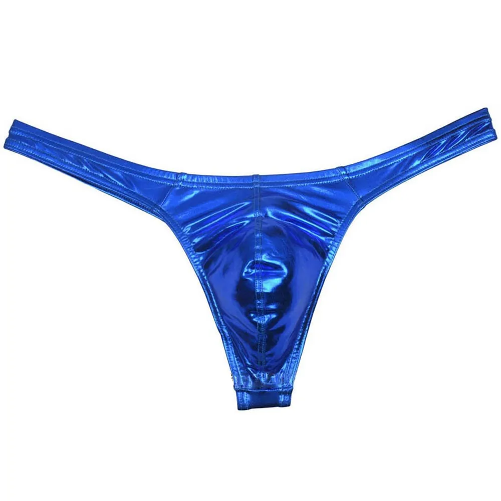 Sexy Men Oil Shiny Thong Leather Panties Like T-back Underwear Male Stretchy G-string Solid Mini Bikini Thong Bulge Pouch Pants