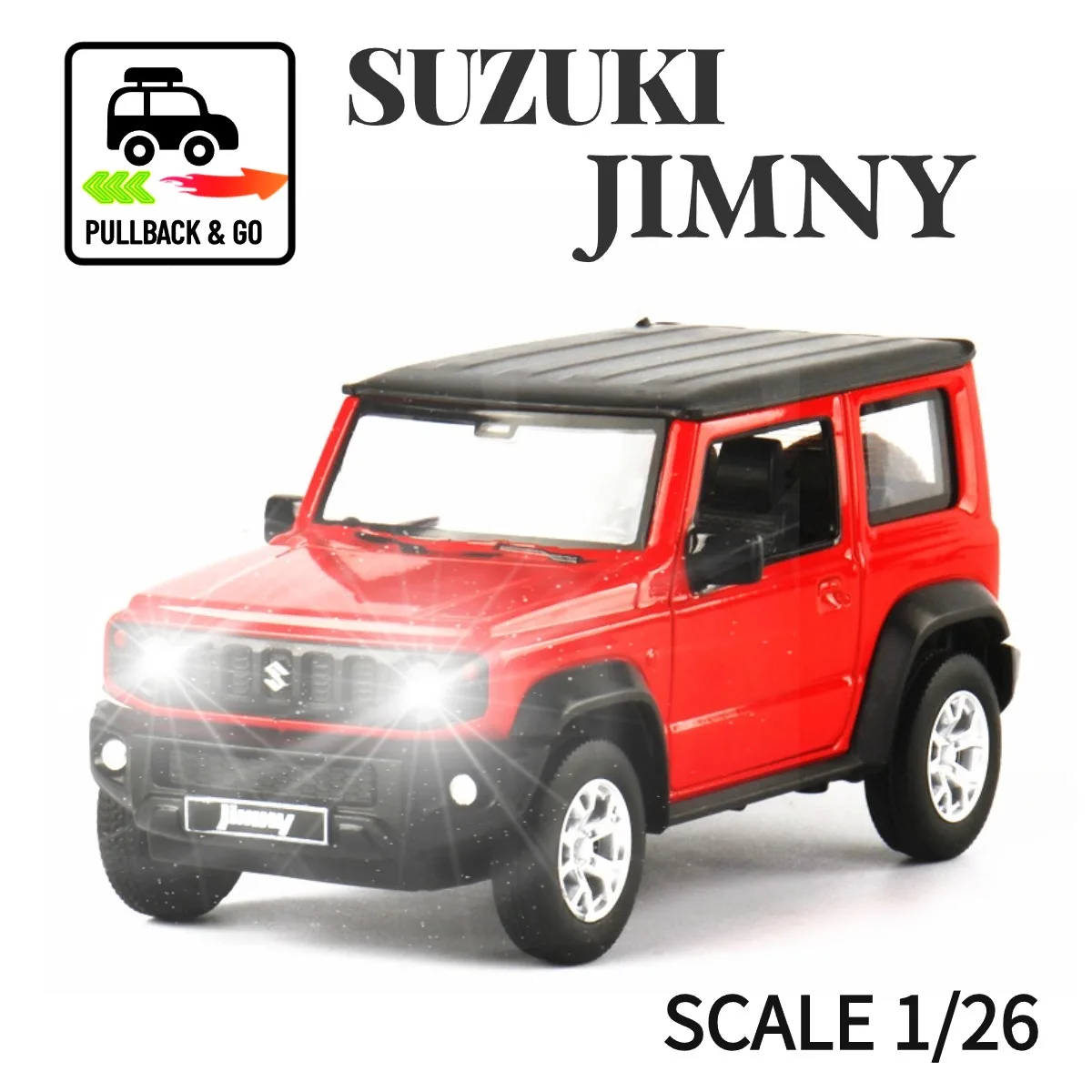 1:26 Suzuki Jimny  Pullback Car Toy with Lights Engine Sound, Suzuki Toyota Diecast Car Model Scale Replica Gift Kid Boy Toy