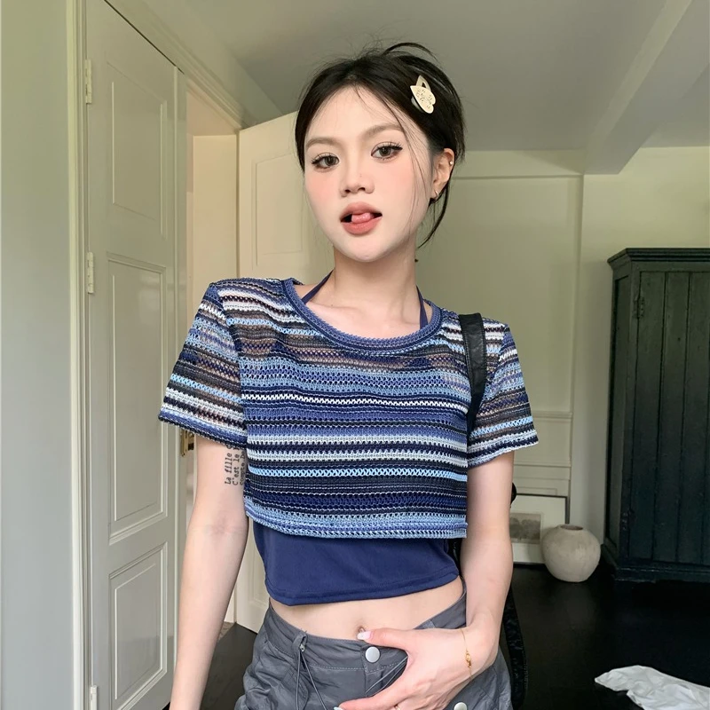 Women T Shirt Loose Versatile Hollow Short-sleeved Smock + Solid Lace-up Camis Students Sweet Outfit Crop Tops Female