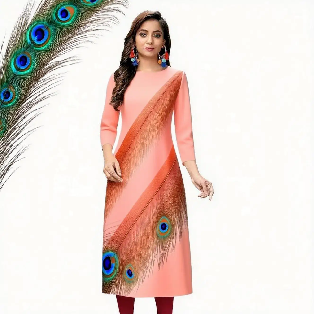 Abito moda casual Kurt da donna a maniche lunghe tubo dritto casual fiore etnico girocollo senso del design di dimensioni regolari