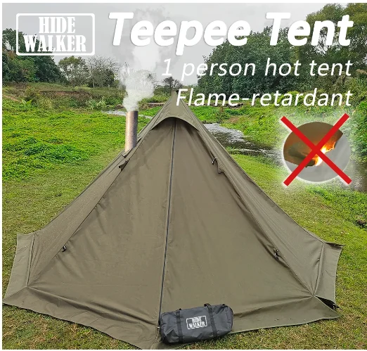 Flame-retardant Pyramid Hot Tent Outdoor Camping Waterproof Teepee tent 1 Person Tipi Tent, Winter Stove Tent, with Snow Skirt