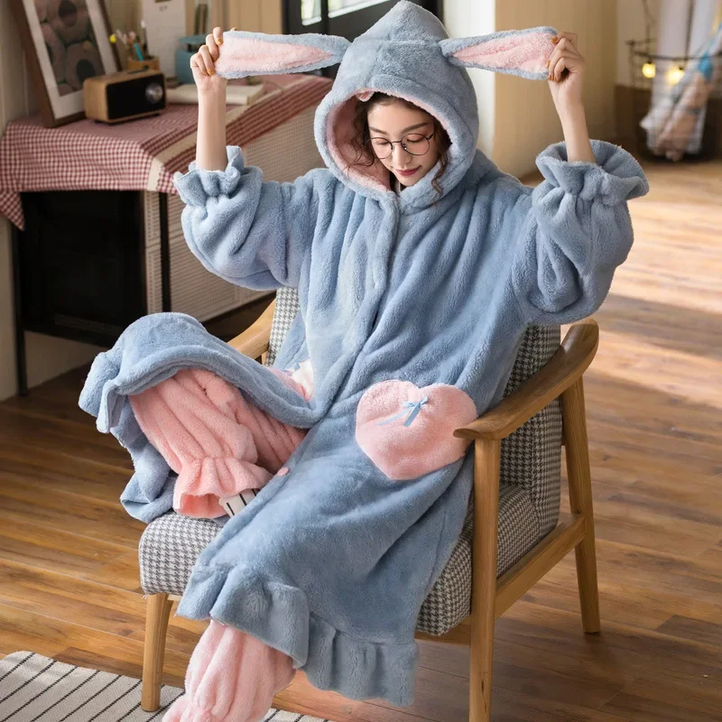 Winter Flannel Pajamas Sets For Women Cute Rabbit Ears Hooded Nightgown Thicken Warm Sleepwear Sweet Girls Pyjamas Sleep Dress