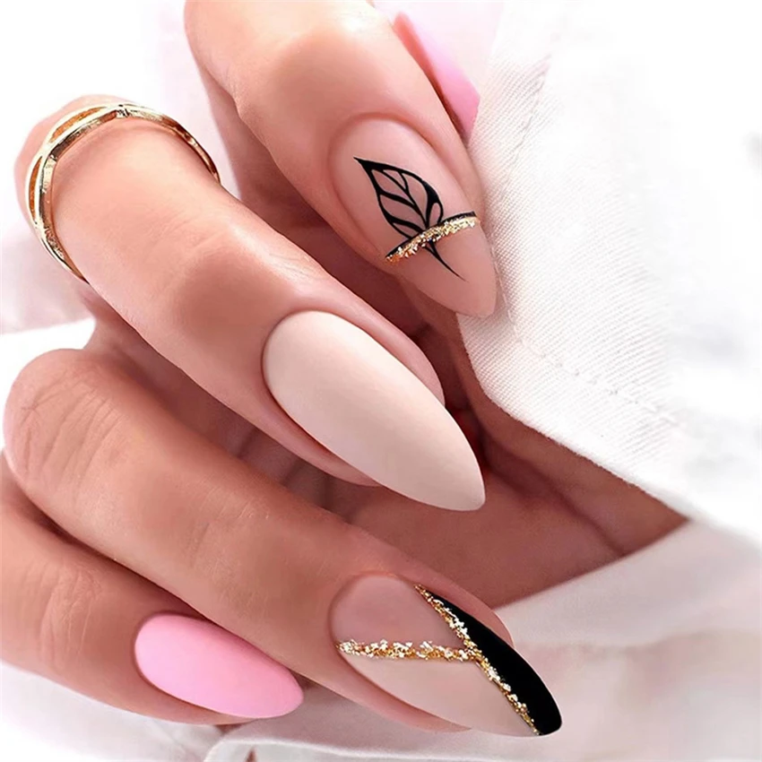 

24Pcs/Set Frosted Minimalist Design Fake Nail Tips Leaf Vintage Artificial Wearing False Nails Removable Adhesive Press on Nail