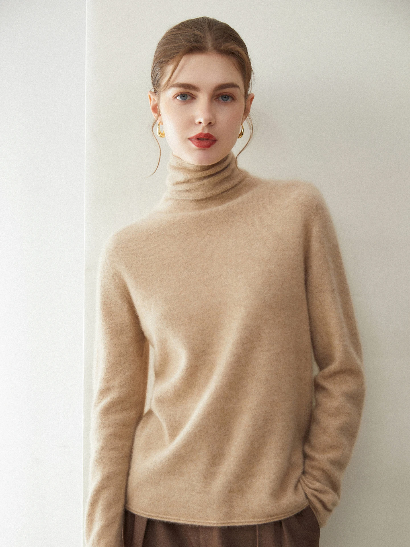 

Simple 100% Cashmere Pullover Sweater Women's Versatile Pile Collar Seamless Sweater Autumn Winter Knit Basic Long Sleeve Tops