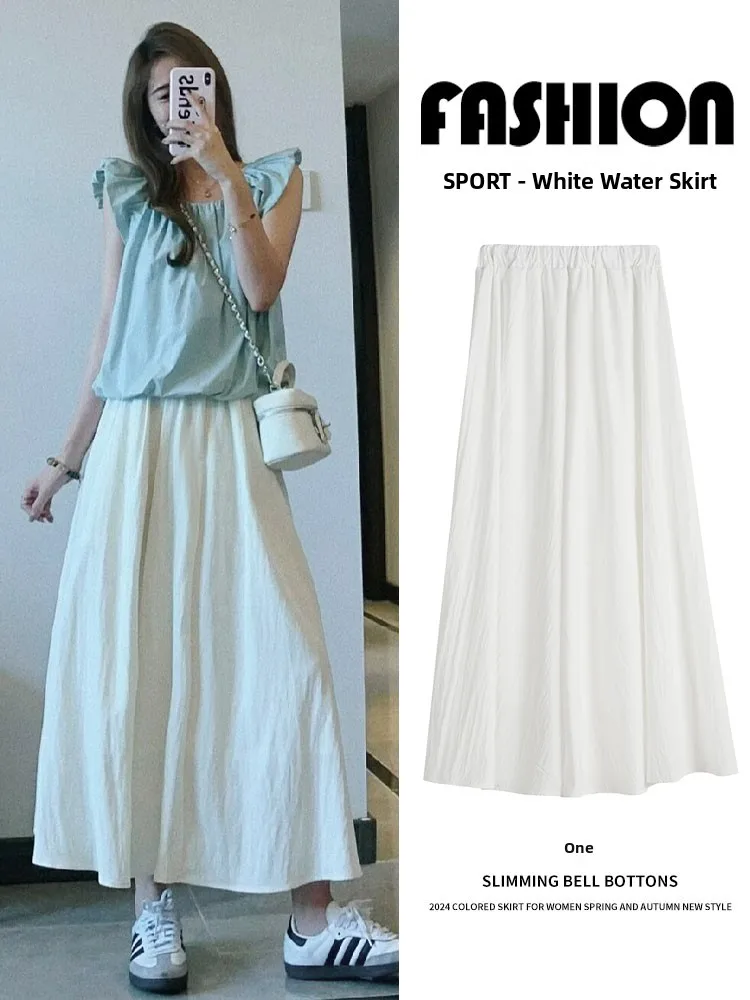 

White High Waist Midi Skirt Women's Spring Summer New Sle A-Line Gored Skirt Slimming Korean Sle Polyester Fabric