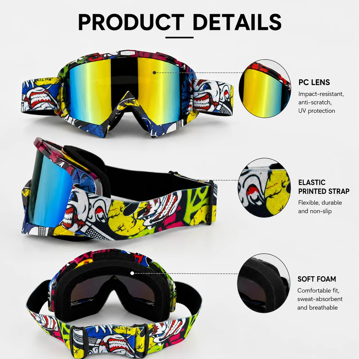 Water Transfer Printing Design Unisex Motorcycle Goggles, Windproof Riding Glasses, Suitable for Motocross, Mountain Biking, Ski