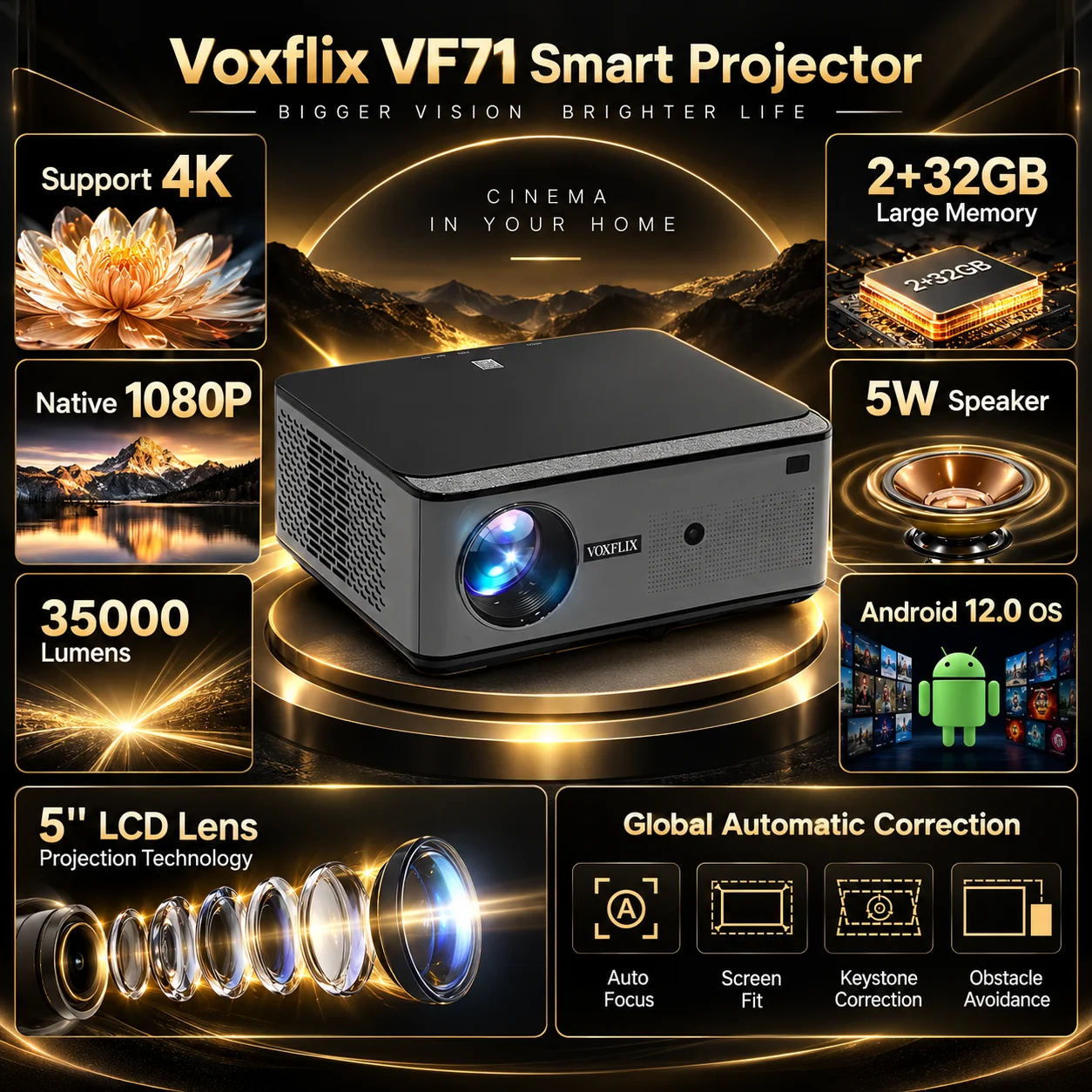 Proyector Inteligente Voxflix VF71, 35000 Lúmenes, 1080P Nativo, Full HD, Compatible con 4K, Android 12, 2GB+32GB, Enfoque Automático