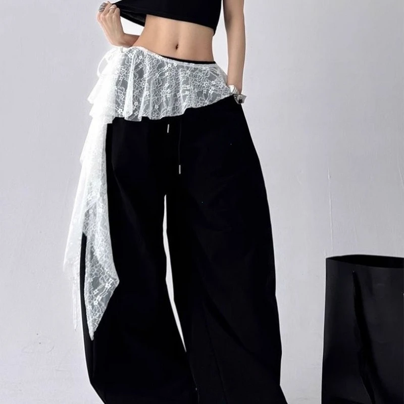 

Jeans Pants Decor Embroidered Flower Lace Mini Skirt Irregular See Through Ruched Skirts High Waist Harajuku Pleated Skirts