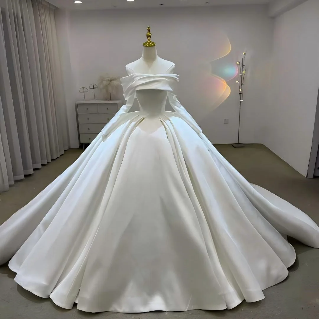 

Свадебное платье с длинными рукавами, вырезом-лодочкой, из атласа, с шлейфом, на заказ, для невесты