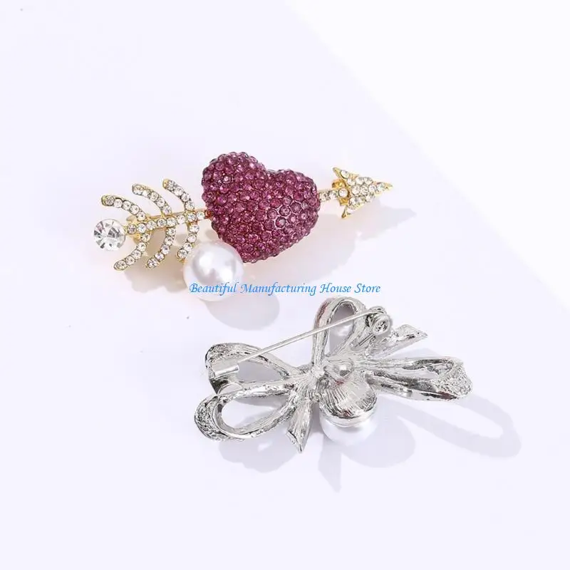 

E56A Vintage Rhinestones Bowknot Heart Oval Brooch Elegant Chest Jewelry For Parties