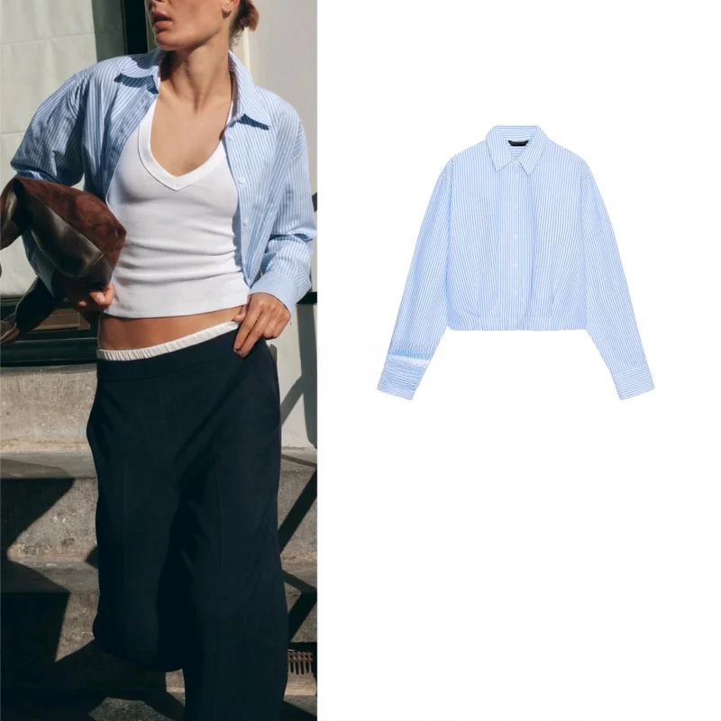 Autunno nuove donne Bue irt ort Sve lungo Sve colletto rovesciato vita pieghettata striscia casual poliestere sciolto