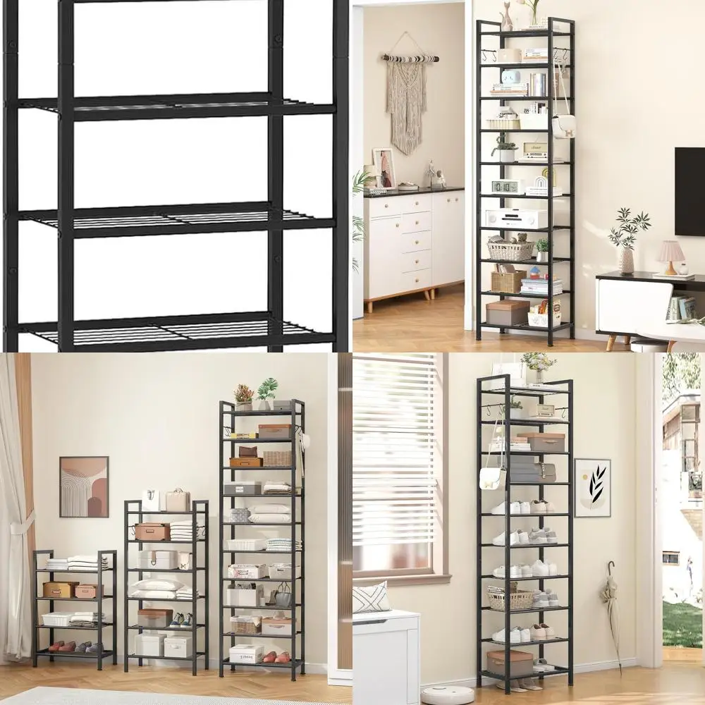 منظم أحذية عمودي معدني قوي مع 4 خطافات، يحمل 20-30 زوجًا، تخزين نحيف موفر للمساحة للمدخل باللون الأسود #1