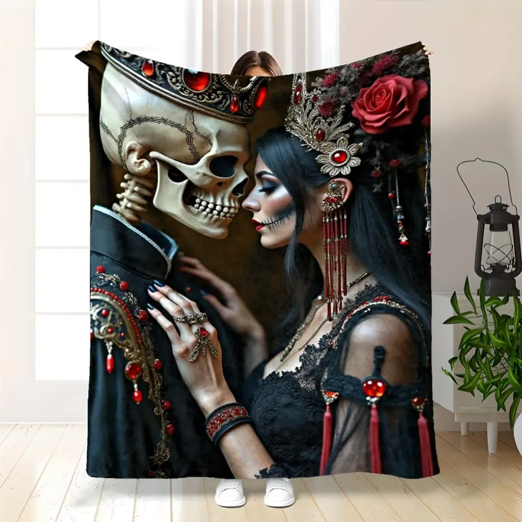 Gothic Skeleton Couple Flannel printed blanket suitable for all seasons suitable for living room office sofa and travel