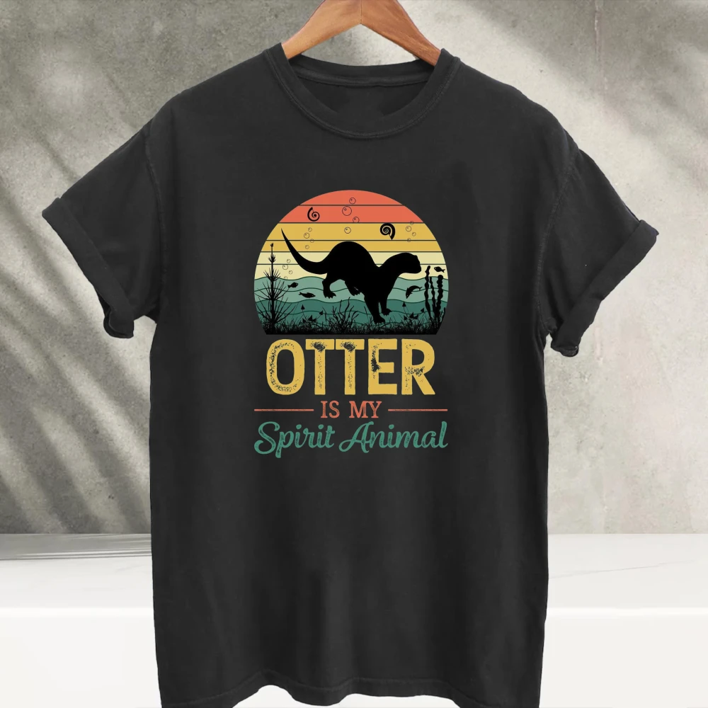 Otter Is My Spirit Animal Retro Sunset Striped Otter Silhouette Graphic T‑Shirt Vintage Wildlife River Animal Print Cotton Tees