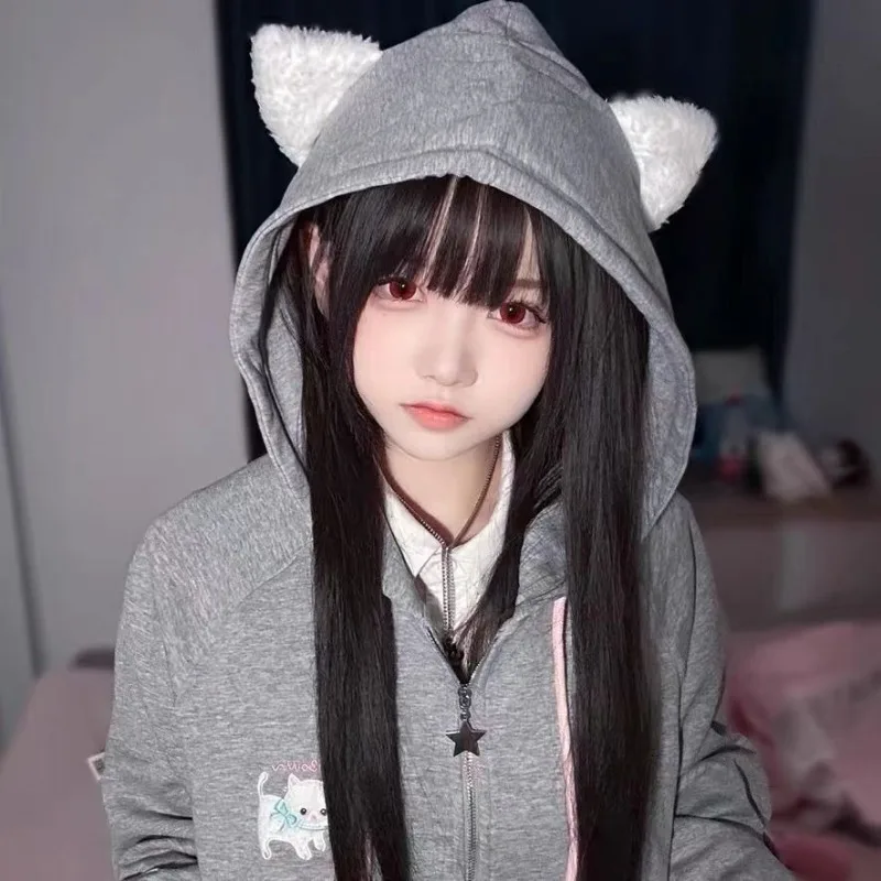 Fleece Cat Ear Print Sudadera Mujer Loose Kawaii Sweet Hooded Harajuku Y2k Japanese Preppy Style Zipper Women Sweatshirts