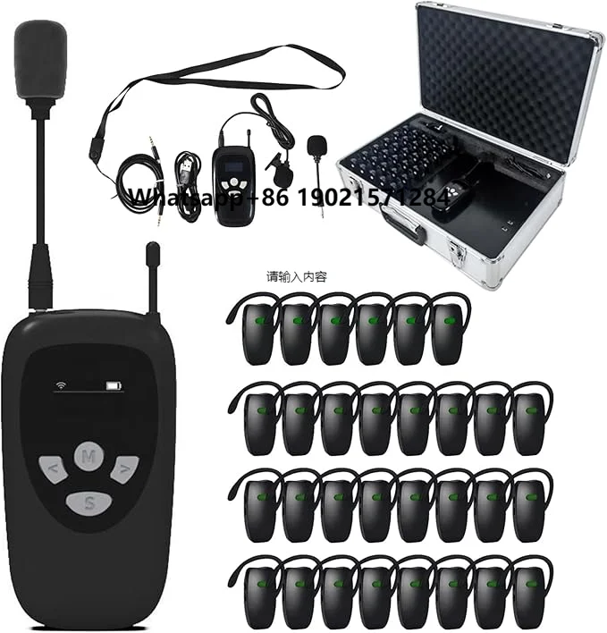 

Wireless 1 Transmitter 30 Receivers Tour Guide System 30-Slot Charge Case Microphone Speaker Headsets for Group Communication