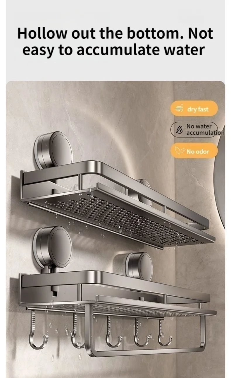Kein Bohren, Saugnapf, selbstklebendes Badezimmerregal, Badezimmerregal, Toilette, Aluminium-Hängeregal, Badezimmer-Organizer, zum Aufhängen an der Wand – Detail 18