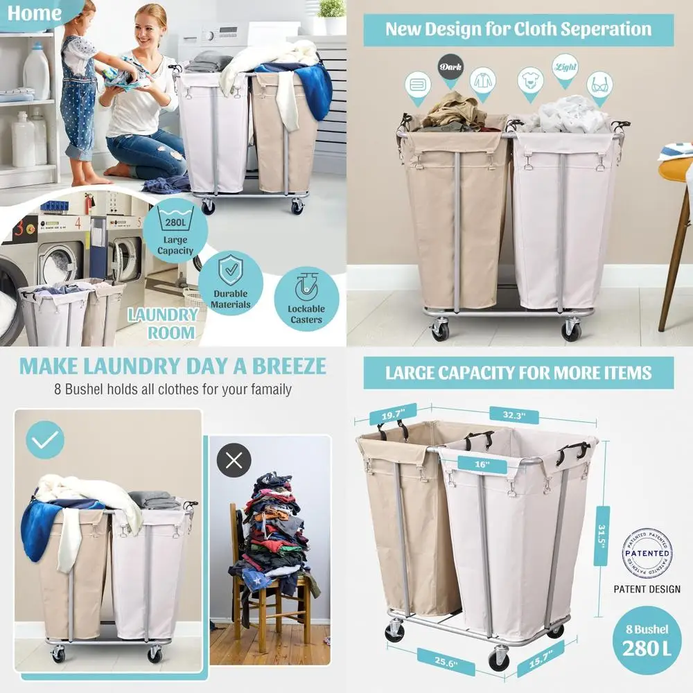 

Большая двухсекционная тележка для белья на колесиках объемом 280 л со стальным каркасом и съемным мешком, вместимость 8 втулок