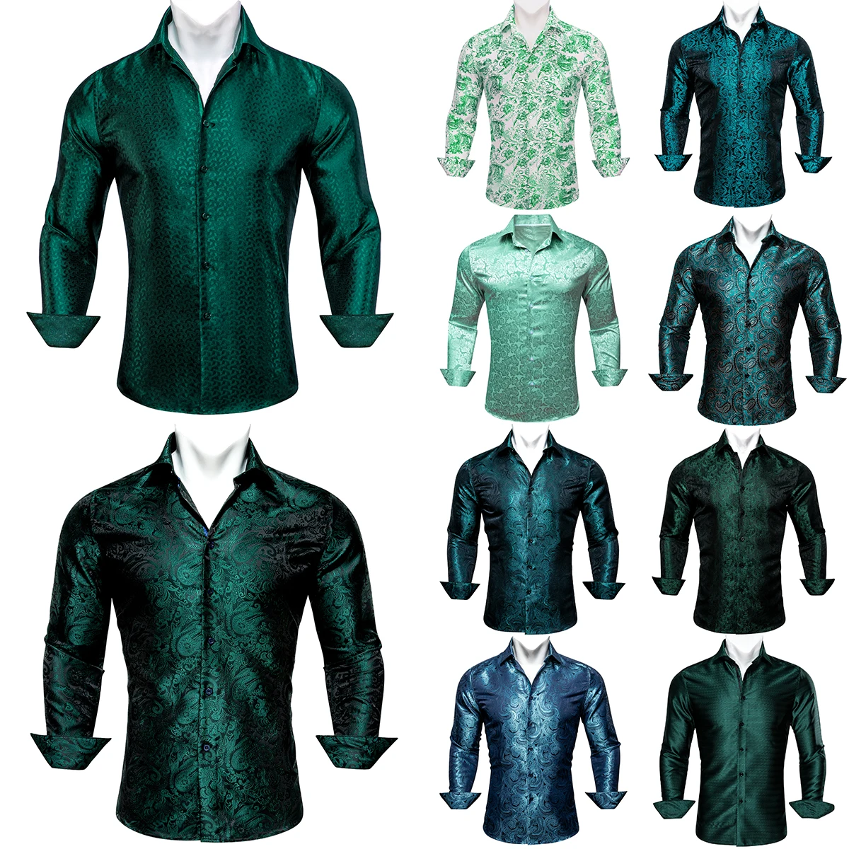 

Luxury Silk Shirts for Men Green Solid Paisley Floral Long Sleeve Slim Fit Male Blouse Casual Tops Streetwear Barry Wang