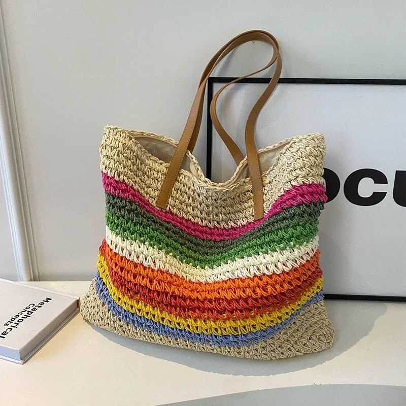 

Rainbow Colors Knitting High Capacity Individuality Shoulder Bags Casual Tote 2024 Hot Sale Bags for Women Bolsas Femininas