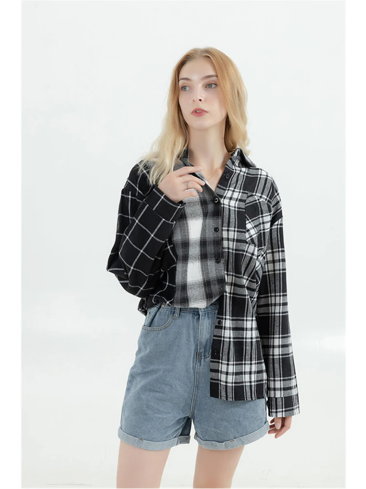 Oversized Plaid Patchwork Blouses Vintage Streetwear Boyfriend Shirt For Ladies Ulzzang Harajuku Long Sleeve 2022 Blusas Tops