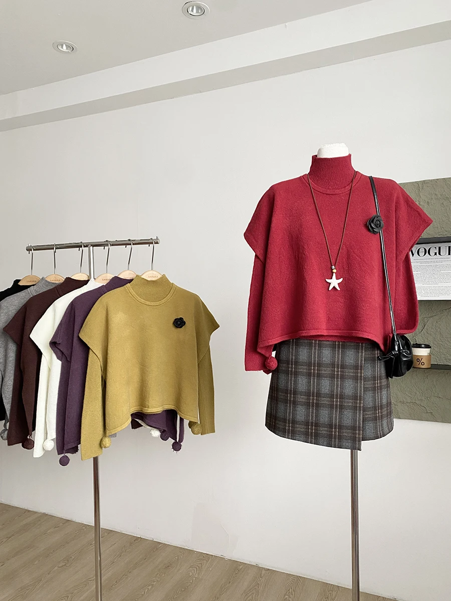 

2025 Winter New Style Korean High Neck Knitted Sweater Pure Color round Neck Women's Fashion Set Short Sleeve Work Commute Ca...