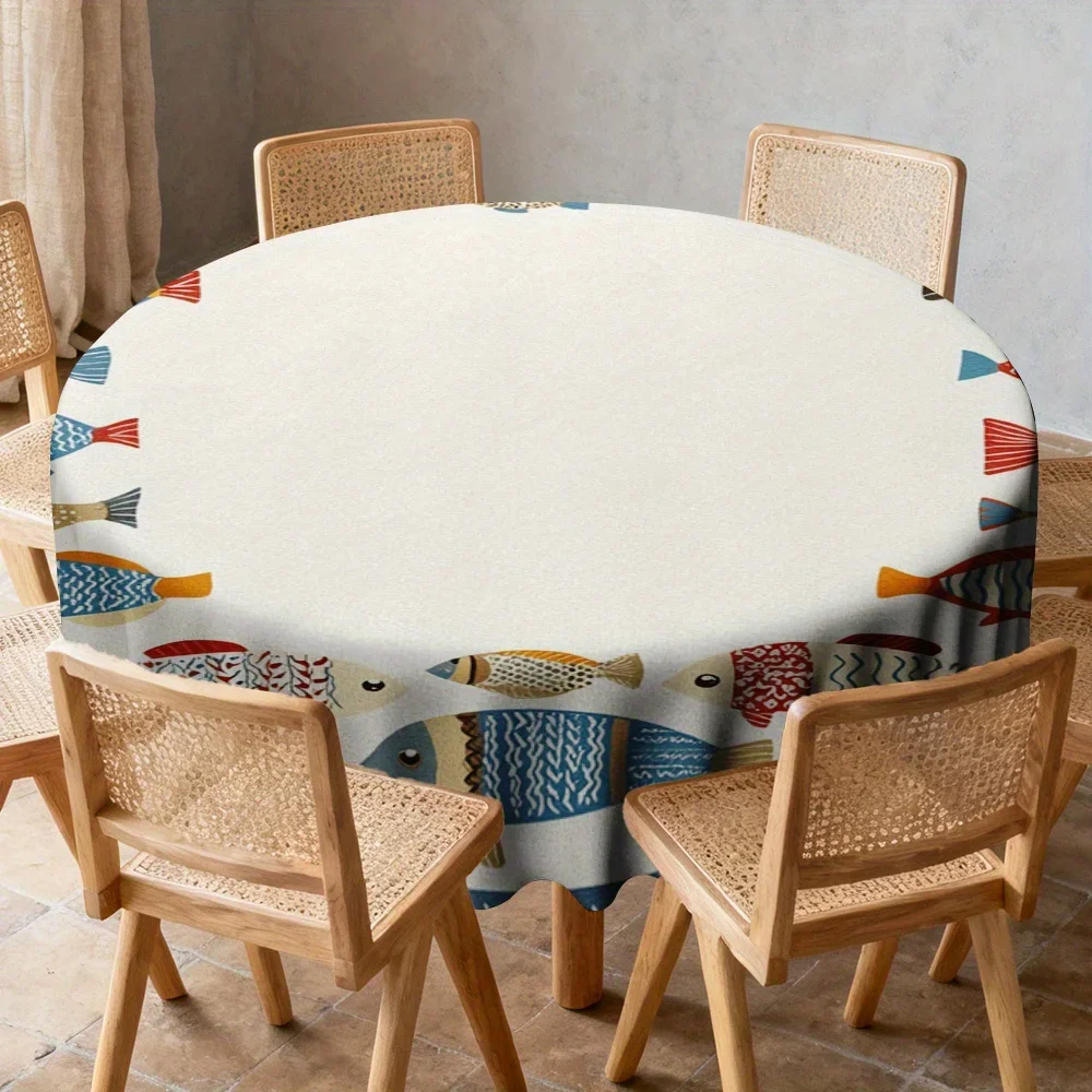 2D flat tablecloth 1 piece  Circular tablecloth, decorated with colorful fish patterns -- specially designed for round tablesxzj