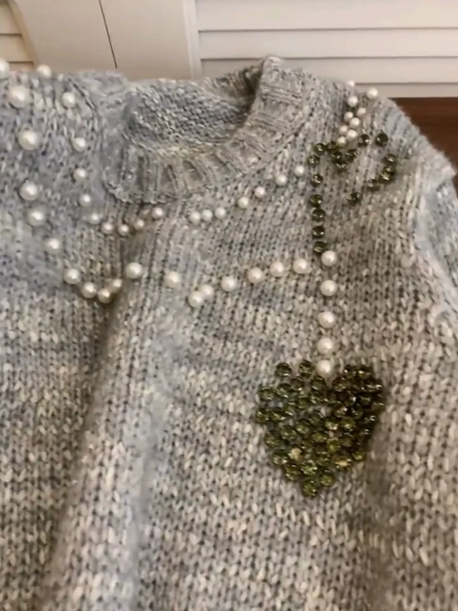 الحب الماس اللؤلؤ ديكور قصير رمادي سترة المرأة ربيع الخريف موضة الديكور تصميم تحسس فريد الحياكة س الرقبة نمط الأعلى