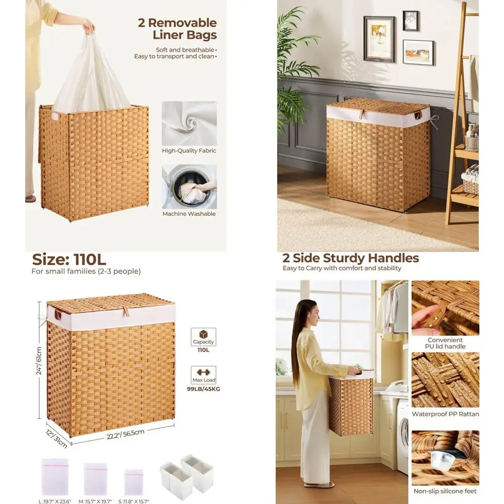 

Laundry Hamper with lid, No Install Needed, 110L Wicker Laundry Baskets Foldable 2 Removable Liner Bags, 2 Section Clothes Hampe