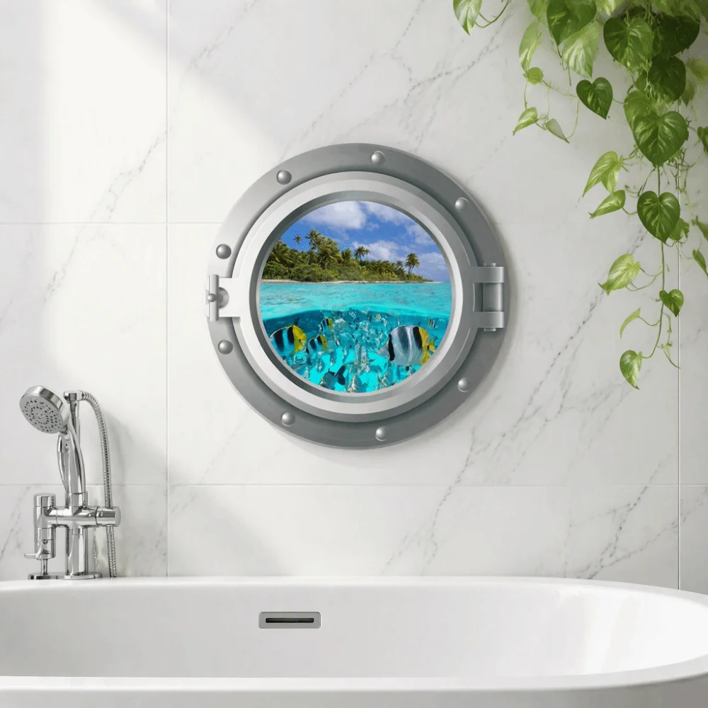 PVC Wall Decals Stickers 35x35cm Decorative Design 3D Ocean Wall Decals Porthole View Style 3D Effect Peel and Stick Wall Decals
