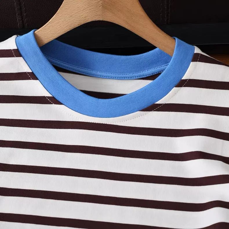 Nordic Stripe T-Shirt round Neck Short Sleeve Loose Fit Casual Versatile Women's Spring Summer Cotton Commute Style Basic Top