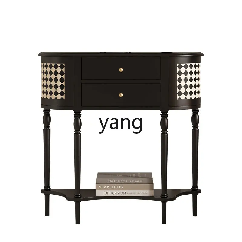 Yjq Mid-Ancient Solid Wood Entrance Cabinet Side Cabinet against the Wall Black and White Plaid Niche Hall Cabinet with Drawer