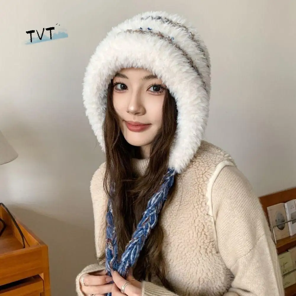 

Versatile Korean Style Ear Protection Hat Soft Thickened Knitted Warm Hat Breathable Colorful Plush Pullover Hats Women