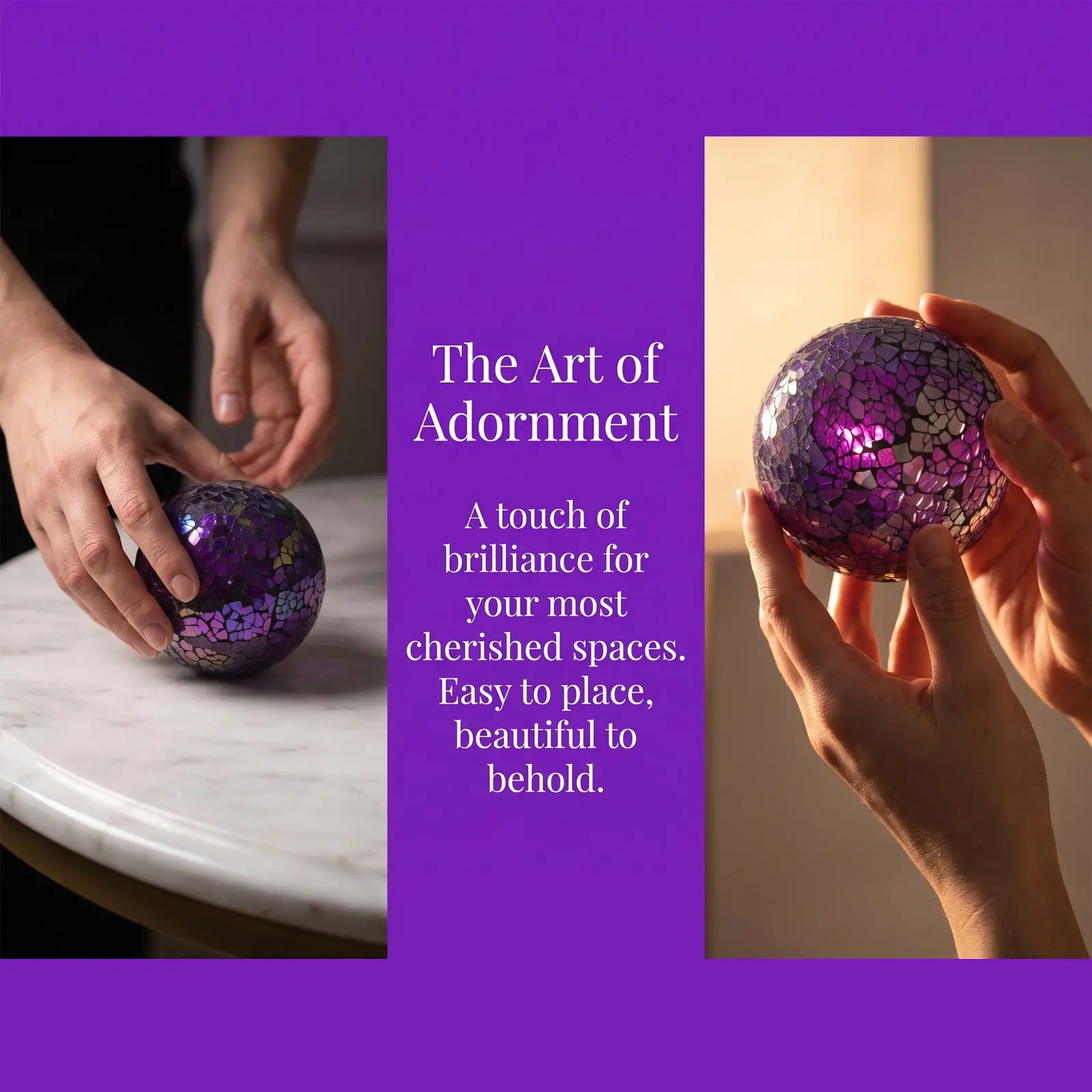 Purple Mosaic Glass Orbs Set – 3pcs Reflective Sphere Decor for Table Centerpiece, Christmas Baubles, Home & Party