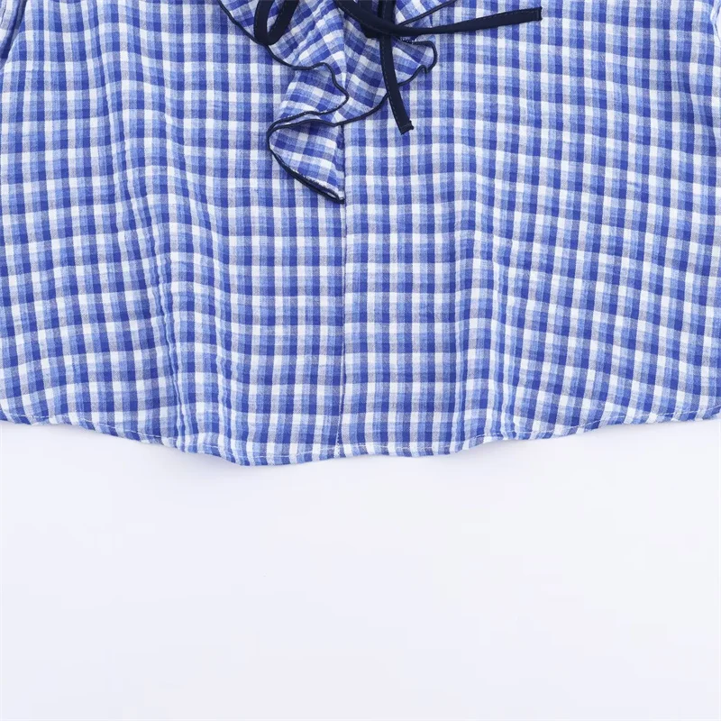 قميص نسائي 2025 خريف نمط جديد أزرق منقوش كم طويل الطبقات قميص غير رسمي مزخرف عصري وأنيق