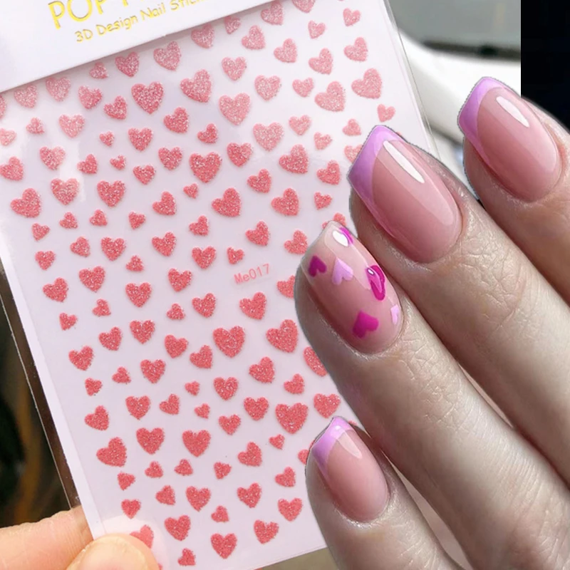 Nail Art 3d Stickers Valentine Day Shine Glitters Red Rosepink Love Hearts Adhesive Sliders Decals Decorated Nail Manicures
