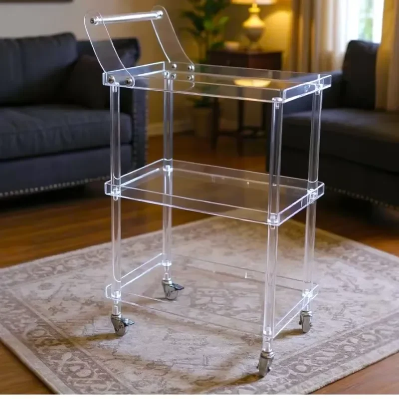 for Acrylic modern bar cart with 4 lockable wheels, transparent service cart with wine rack and glass cup holder, suitable