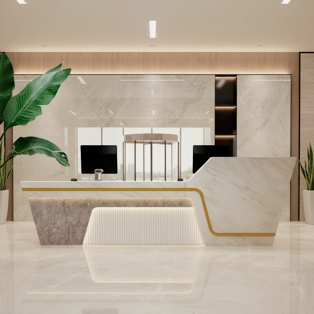 

Современная офисная стойка ресепшн с деревянной отделкой, прочная и глянцевая, подходит для спа-салонов, отелей и торговых центров, соответствует стандартам качества.