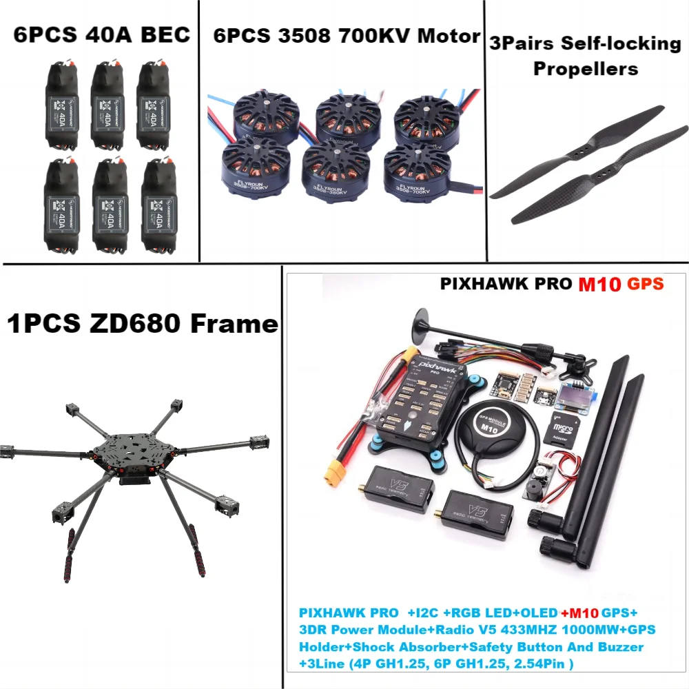 PIXHAWK-ZD680 PRO M10 Cadre Hexa-Rotor Pliable en Fibre de Carbone avec Train d'Atterrissage Non Flottant