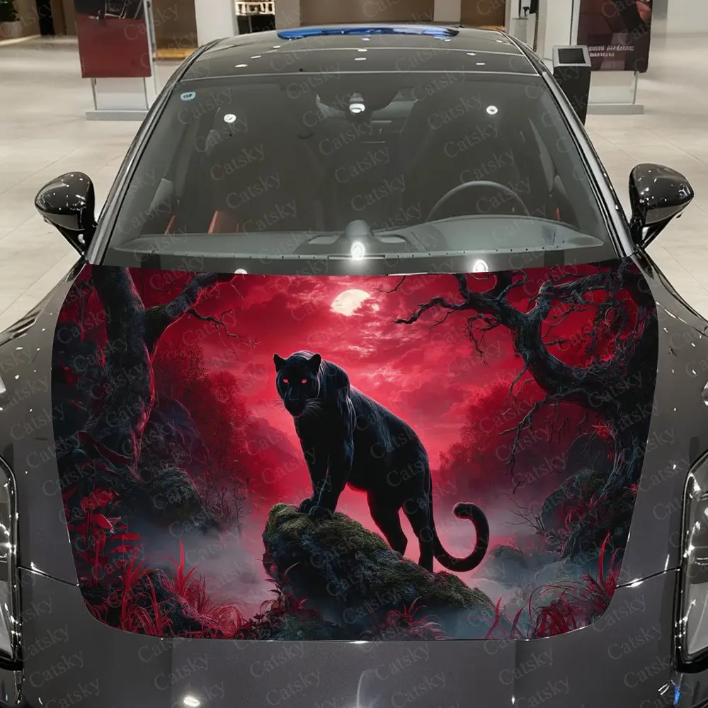Blood Moon Panther Dominance Car Vinyl Wrap, PVC Waterproof Car Hood Sticker, Self-Adhesive Scratch-Resistant Stickers