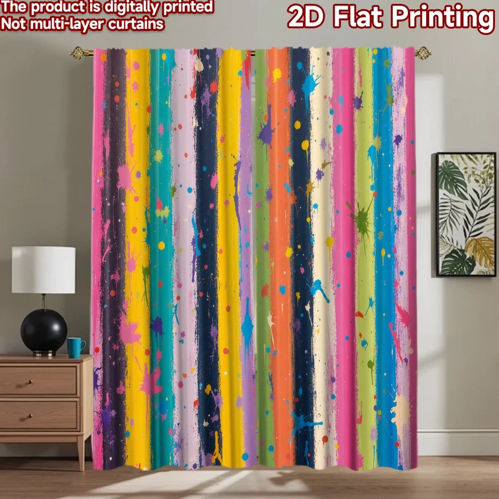 2D flat 2pcs Curtain Retro Country Style Curtains Colorful Paint Splatter Stripes Digitally printed polyester, colorfast Holiday