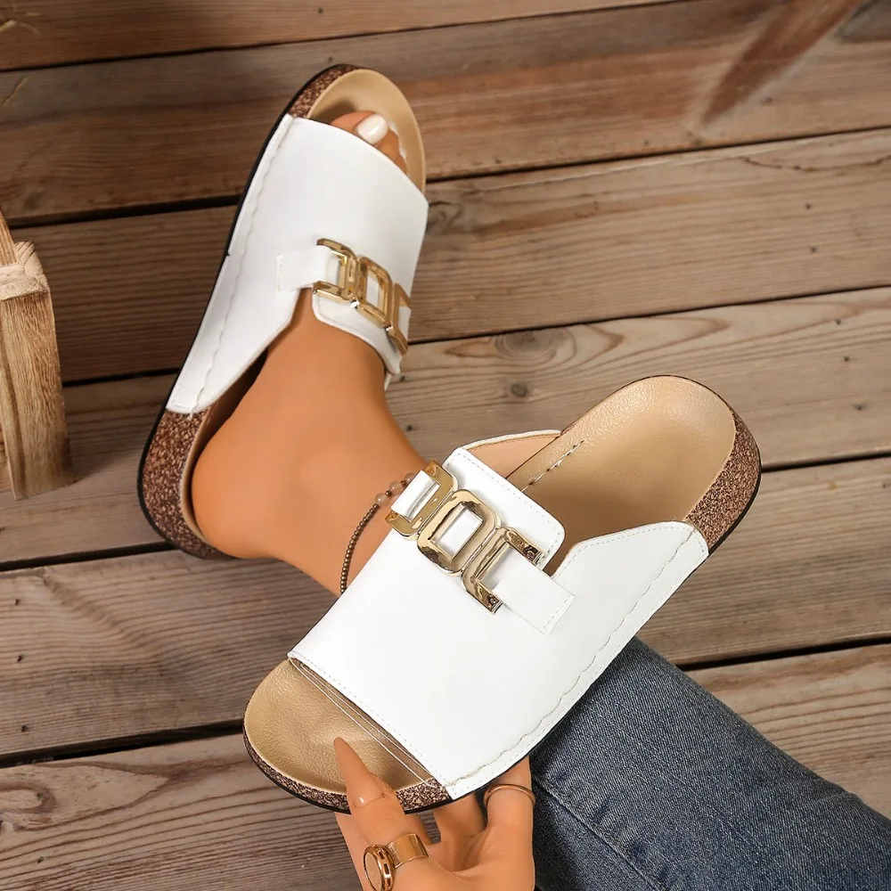 Ladies Metal Chain Platform Slide Slippers Faux Leather Cork Footbed Open Toe Women Summer Casual Beach Slip‑on Sandals