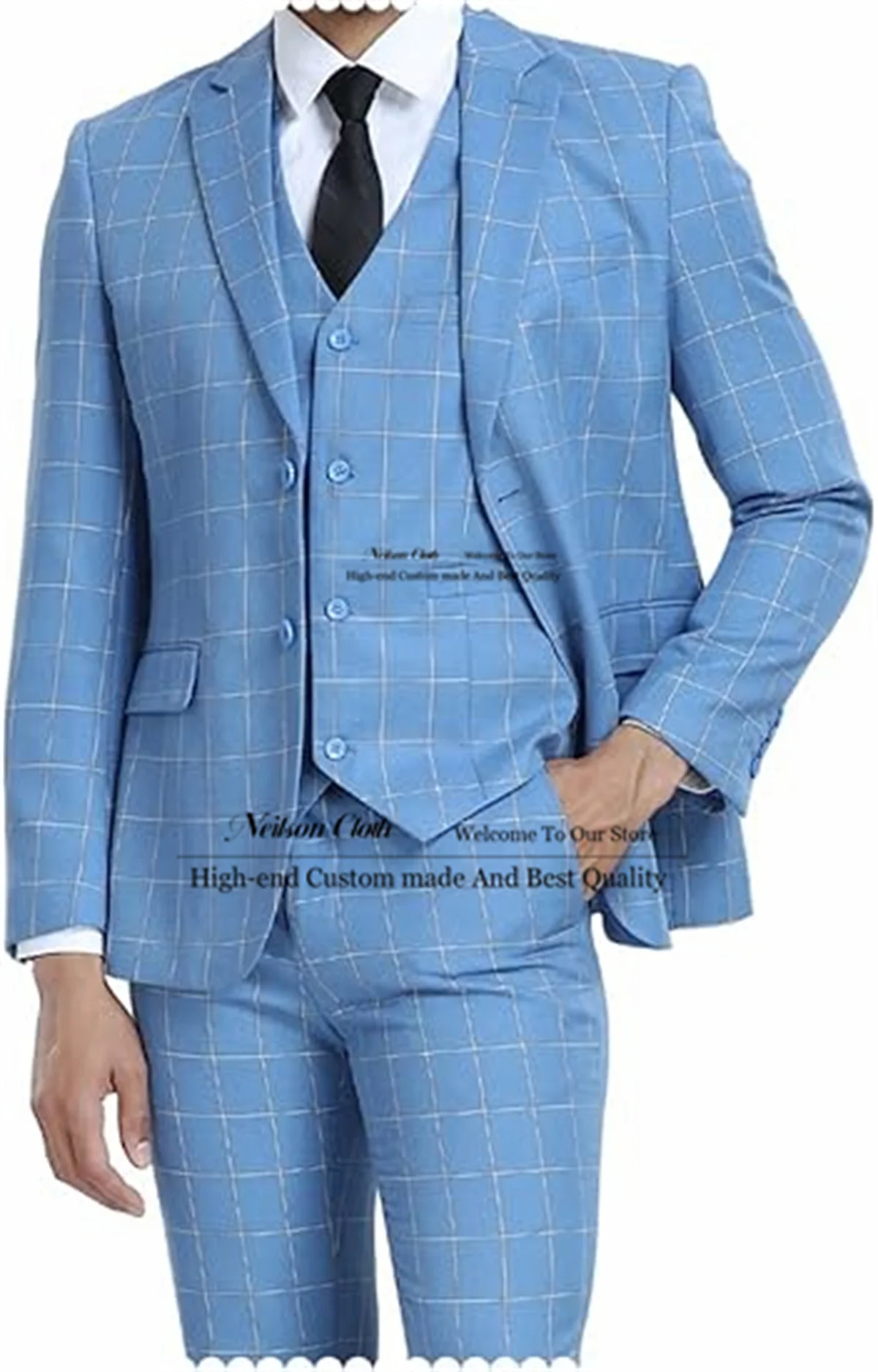

Light Blue Notched Lapel Male Prom Blazers 3 Pcs Sets Slim Fit Groom Wedding Tuxedos Plaid Customized Groomsmen Costume Homme